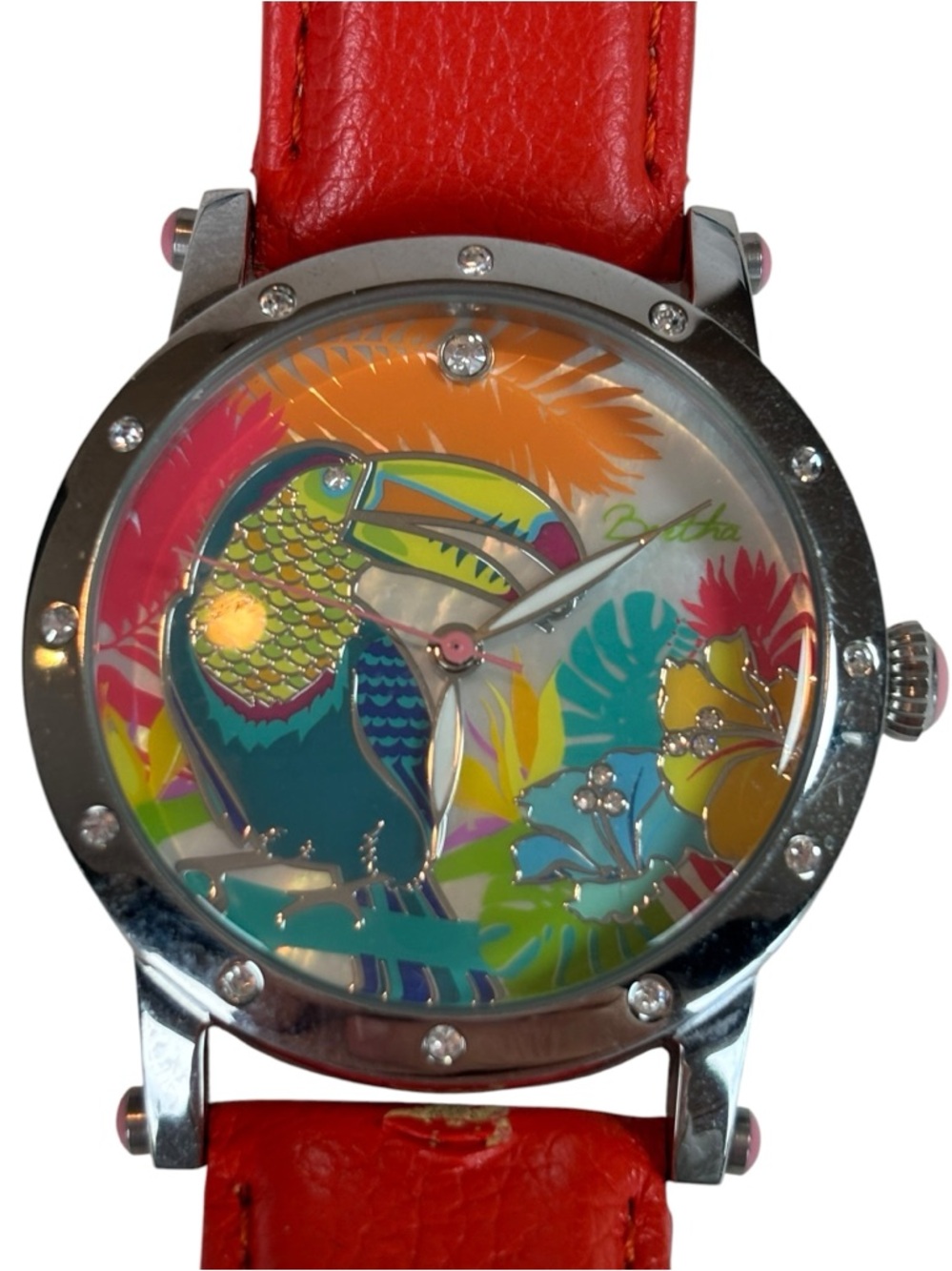 Bertha Toucan Tropical Watch Rhinestone Bezel Orange Leather Strap